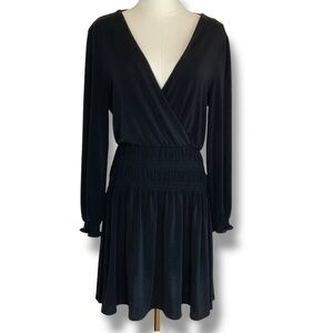 Mango Dress Drop Waist Black Wrap Smocked V Neck Midi Cocktail Size‎ Medium